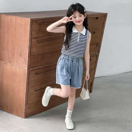女童无袖套装夏季2026新款儿童洋气polo衫夏装女孩牛仔短裤两件套