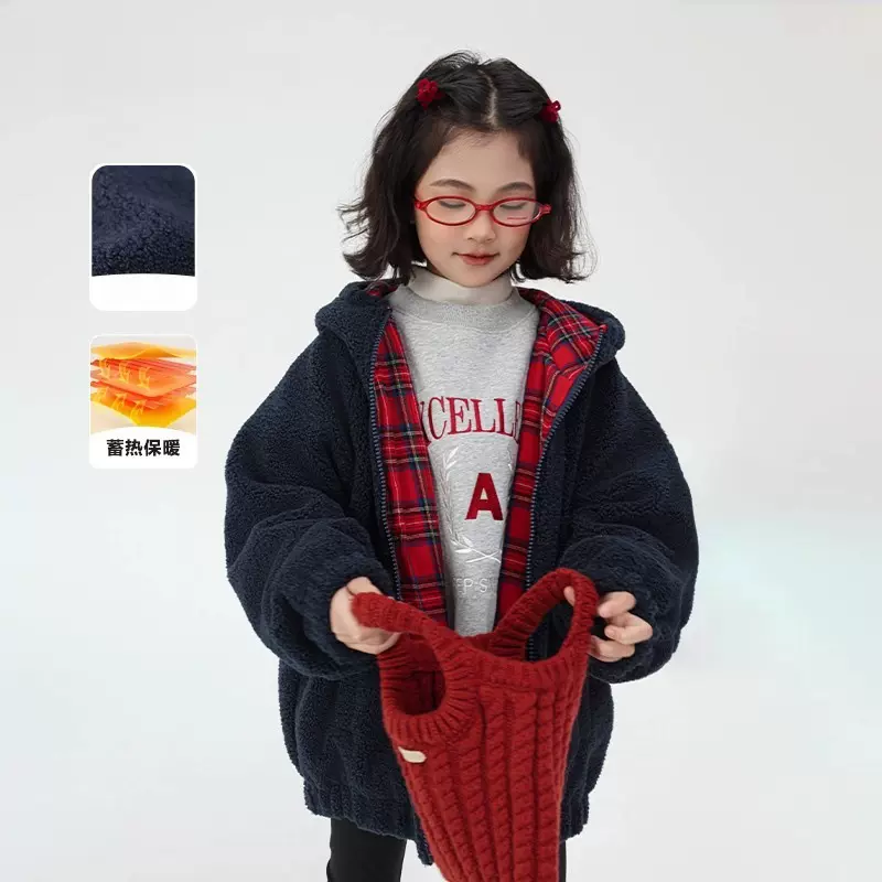 2025女童羊羔毛外套秋冬装新款中大童加厚夹棉连帽儿童毛绒上衣