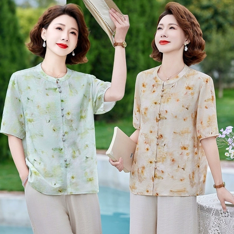 2025 Летняя стильная рубашка для мам, рубашка с принтом, летняя тонкая рубашка с короткими рукавами для женщин среднего и пожилого возраста, топ