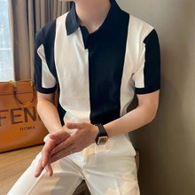 韩版夏季冰丝短袖渐变拼色男衫休闲条纹撞色翻领潮流透气针织衫潮