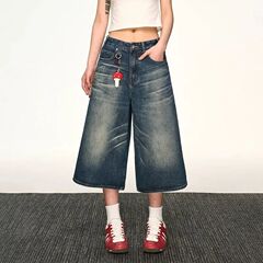 【韩牛】美式复古水洗做旧折痕牛仔短裤女2025秋季新款宽松七分裤