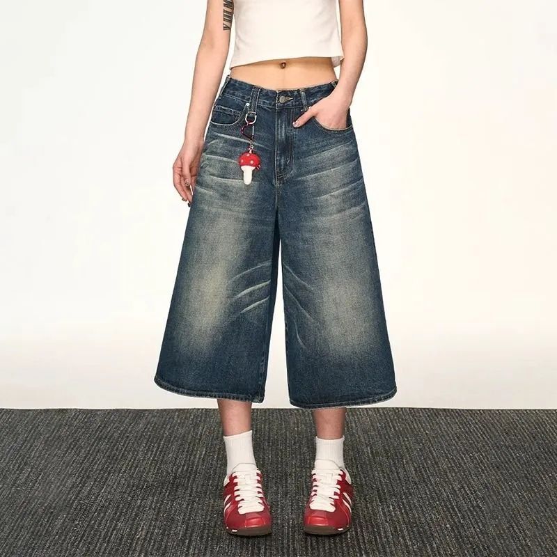 [Korean Beef] American Retro Washed Distressed Creased Denim Shorts for Women 2025 Autum New Loose Cropped Pants