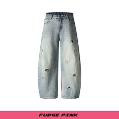 Fudge Pink 2025秋季New甜美少女趣味刺绣宽松水洗牛仔长裤