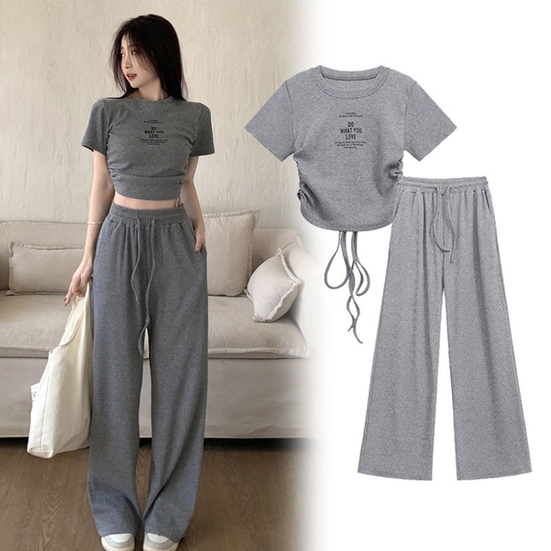Women's Clothing Style Women's Two Piece Set Casual Gray Summer Top And Wide Leg Trousers Drawstring Tie Short Sleeved Outfit_ecoleips.com