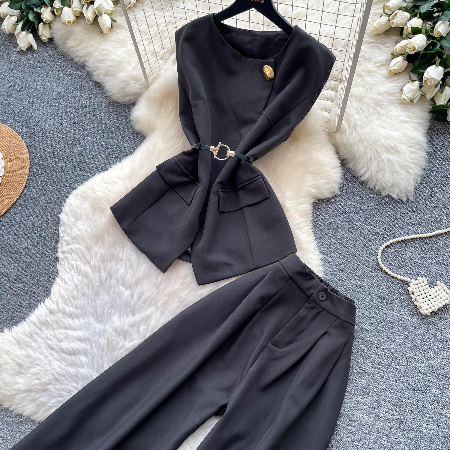 Korean Style Women's Cami Top And High-Waisted Wide Leg Pants Set - Summer Drawstring Waist Two Piece Outfit_ecoleips.com