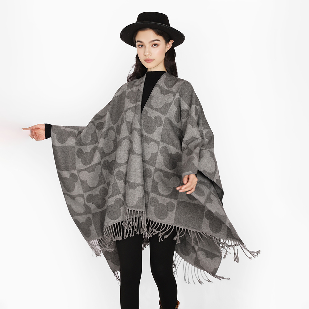 Hilo hilado con núcleo Mickey Mouse Patrón Bufanda Mujer Invierno Versión coreana de alta gama Chal de borlas de estilo occidental Capa gruesa y cálida