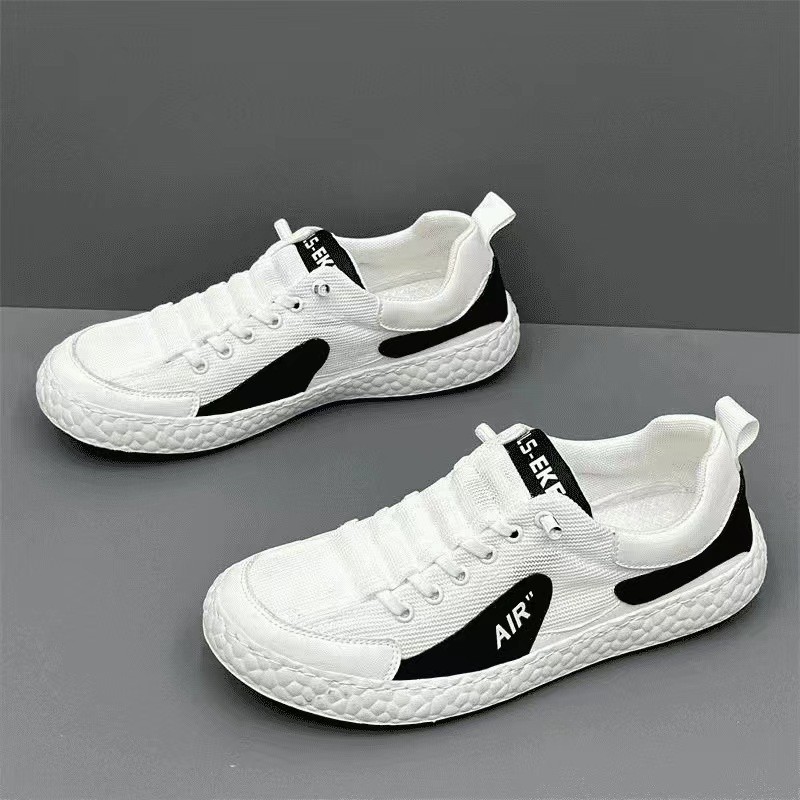 Men's Korean Style Casual Sneakers Summer Trendy Fashionable White Versatile Lace-Up Sneakers With Perspective Mesh Microfiber Leather PU Upper_voghion.com