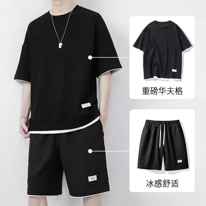 2024新款男士华夫格短袖短裤运动休闲套装青少年两件套短袖套装