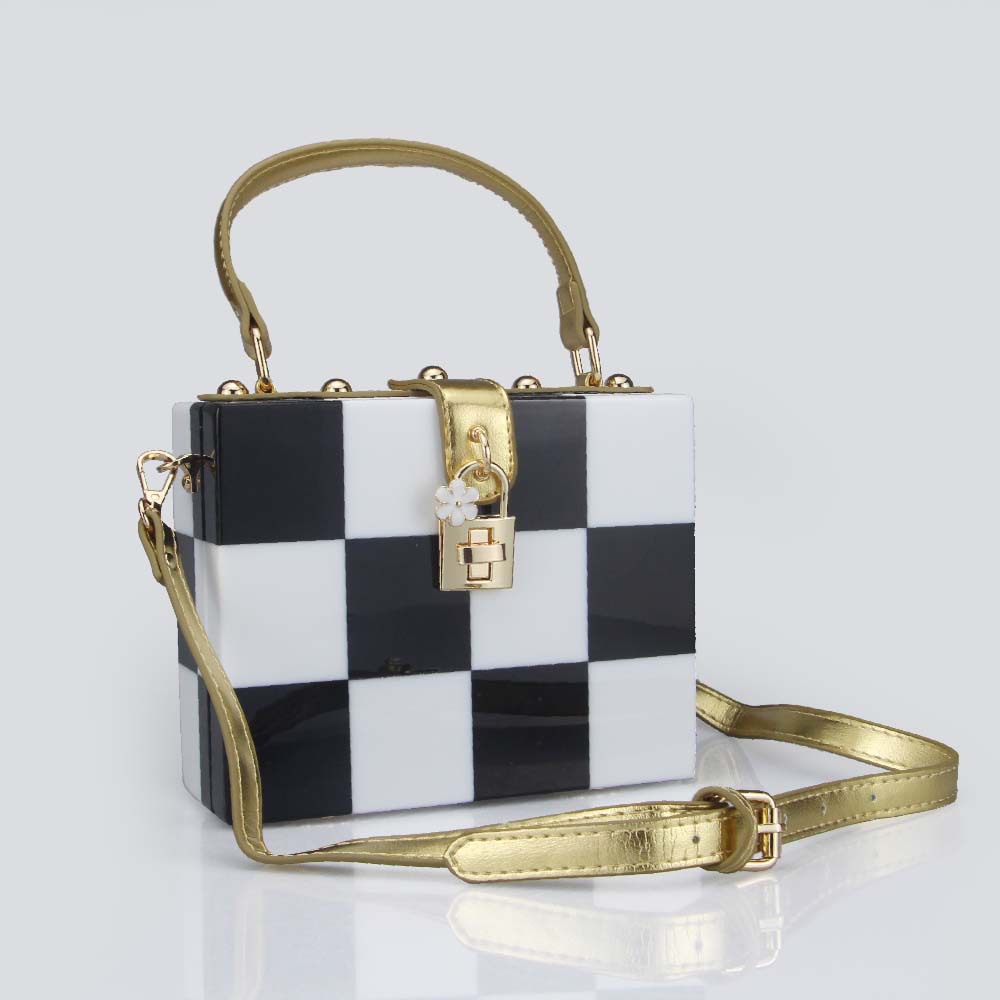 Trendy Korean-Inspired Checkerboard Acrylic Box Bag – Versatile Shoulder & Crossbody Clutch With Lock Closure_voghion.com