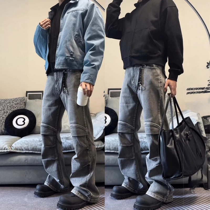 Li Xujia Vintage Washed Distressed Jeans with Pleats, High Street Vibe Style, Slightly Flared Pants for Men and Women