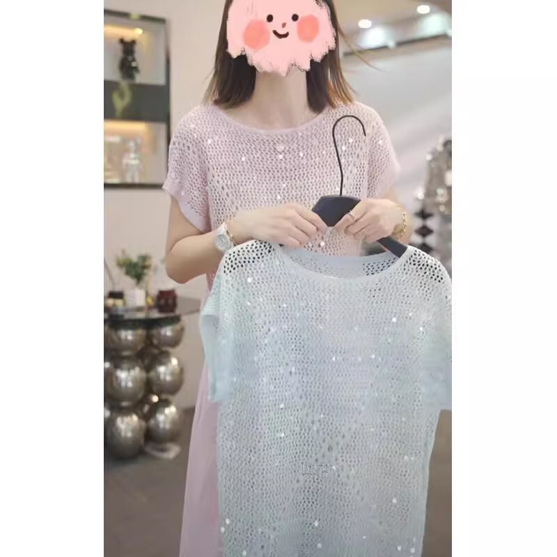 Fashionable and Stylish Sequin Short-Sleeve T-Shirt for Women 2025 New Summer High-End Hollow Knit Top