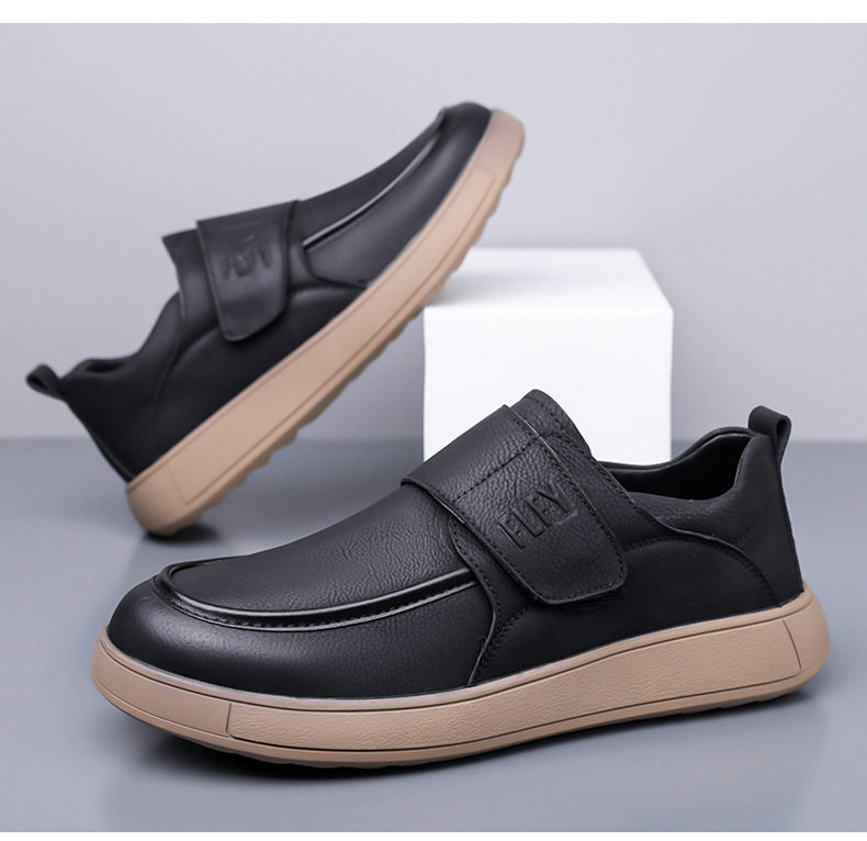 Giày lười nam da PU kiểu retro, quai dán Velcro, form rộng thoải mái, đế cao su êm chân — Màu đen, màu vàng chi tiết 22