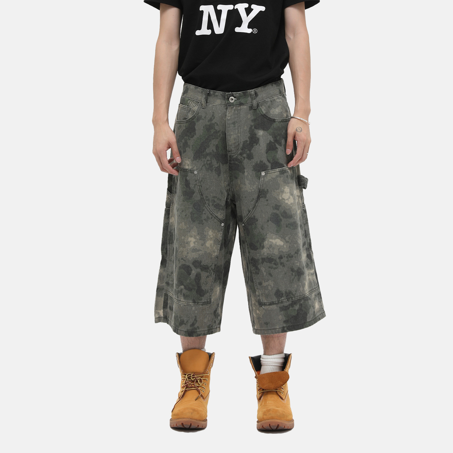 Mtlclothes Men's Clothing | Retro Mist-Dyed Camouflage Splicing Workwear Denim Cropped Pants Loose Straight Fit