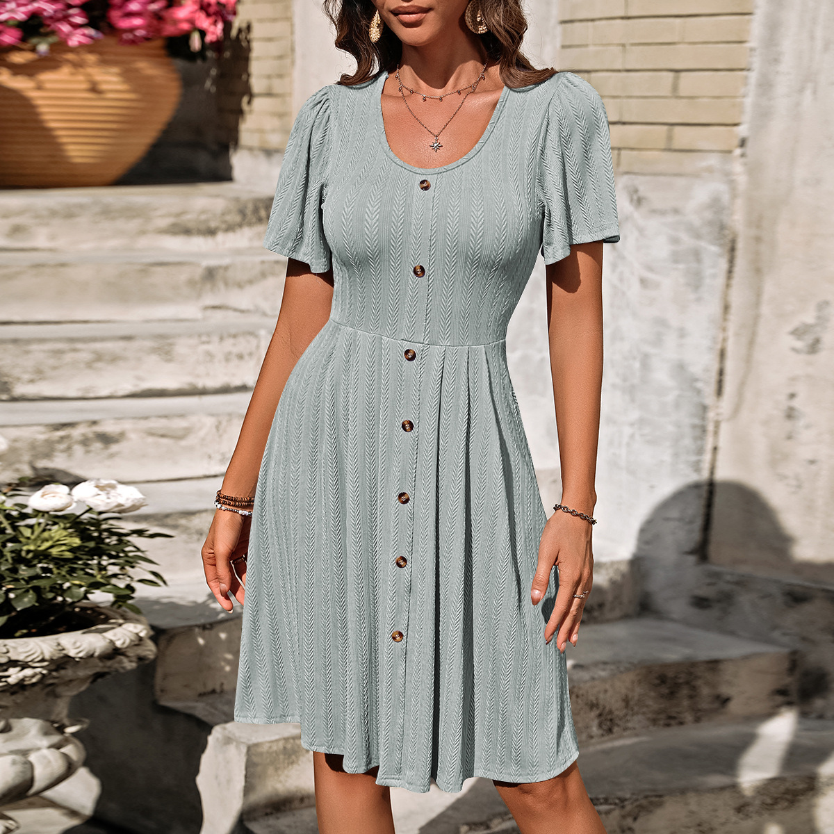 Women's Regular Dress Simple Style U Neck Button Short Sleeve Solid Color Midi Dress Holiday Daily display picture 16