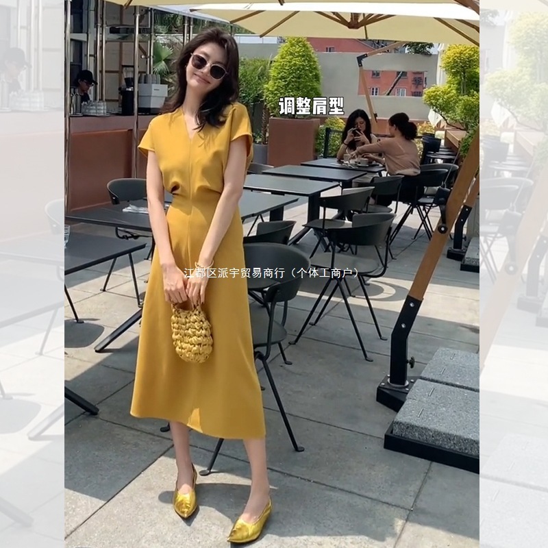 黄色v领雪纺连衣裙2025夏季新款女装感气质修身裙子|undefined