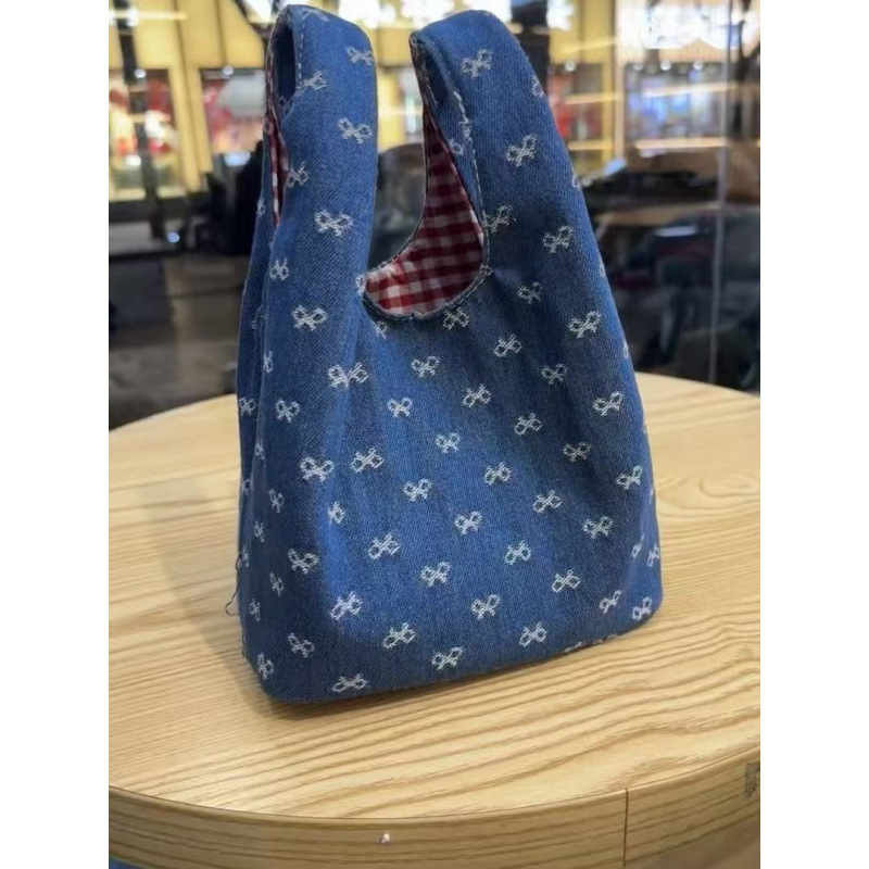 Cute New Denim Kitty Commuter Embroidered Tote Bag, Portable Storage for Outings, Color-Blocking Handbag
