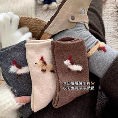 羊毛襪子女秋冬季新款潮流卡通毛絨小狗保暖加厚加絨堆堆中筒襪子