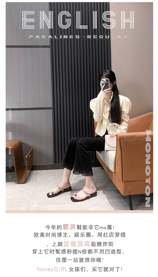 Dép sandal nữ mũi vuông đính đá, quai ngang bít mũi, đế bằng, đi ngoài trời mùa hè — Màu đen chi tiết 4