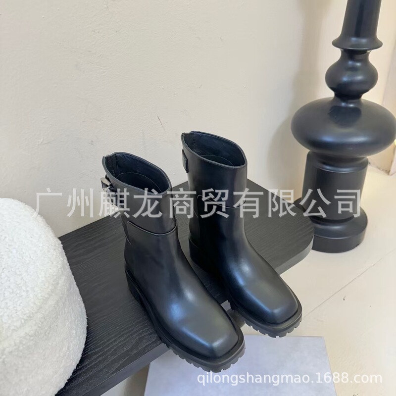 高端2025秋冬真皮圆头粗跟高筒骑士靴一脚蹬直筒马丁靴不过膝长靴|undefined