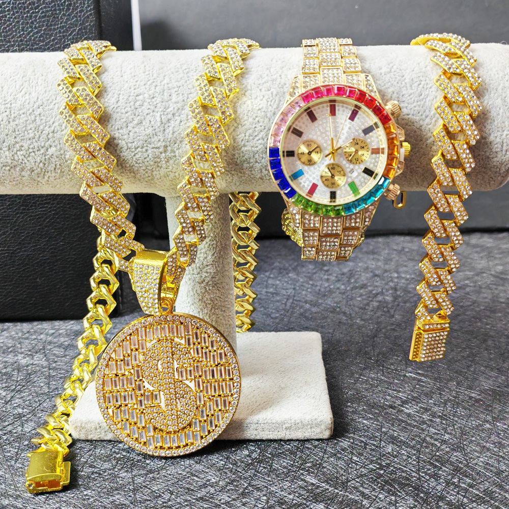 Men's Cuban Link Bracelet With Colorful Diamond Setting Gold Plated_voghion.com