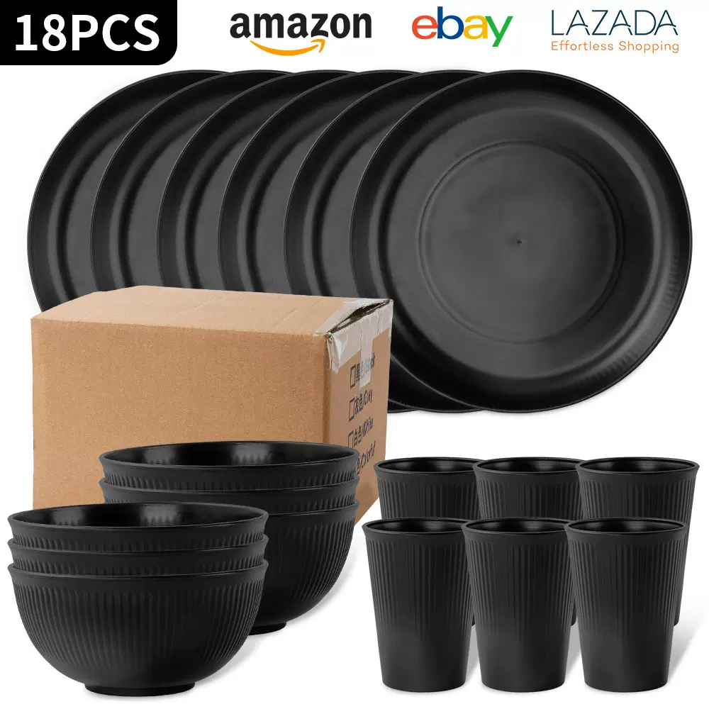 亚马逊跨境黑色小麦秸秆PP盘碗碟杯家用餐盘汤碗杯子18PC餐具套装