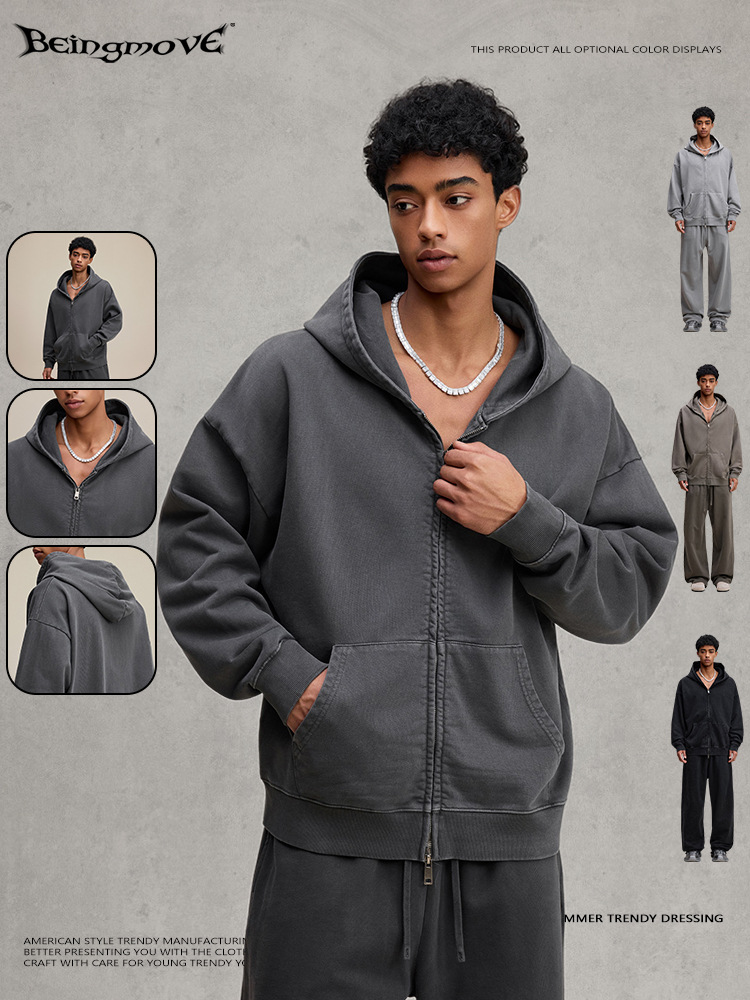Calle secada| 2025 otoño Europa y América marca de moda pesada con cremallera con chaqueta encapuchada camiseta deportiva con sombrero de anillo para hombres comercio exterior