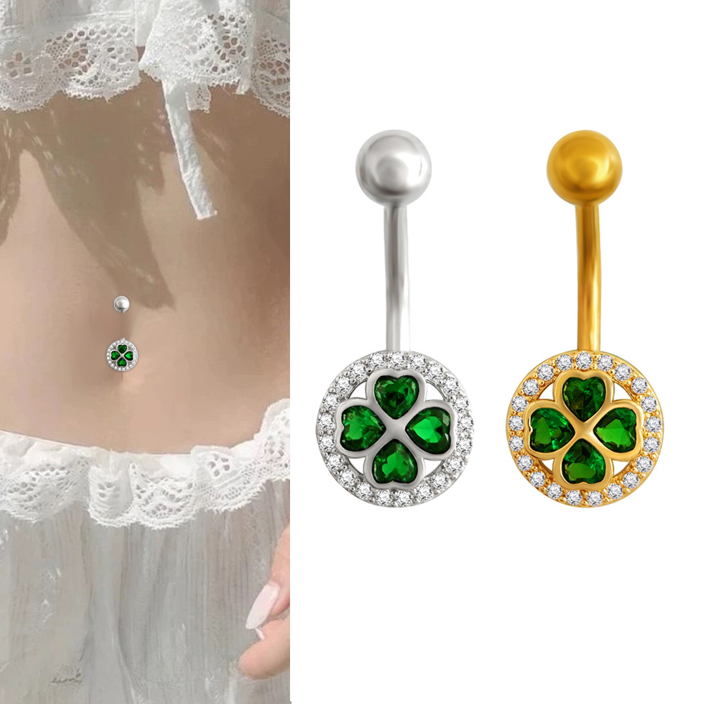 Clover Navel Belly Button Ring With Diamonds For Women Jewelry_voghion.com