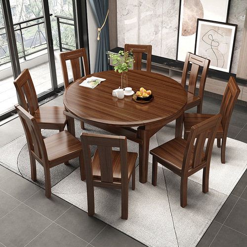 Walnut solid wood dining table and chair combination modern simple Chinese style small apartment table retractable folding round dining table