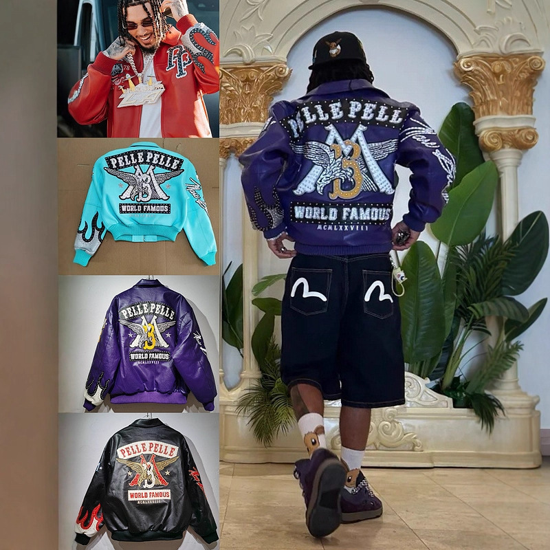 Maswei Hip-Hop Pellepelle Jacket with Eagle Embroidery on the Back, 1978 Style, Cool Flame Decoration