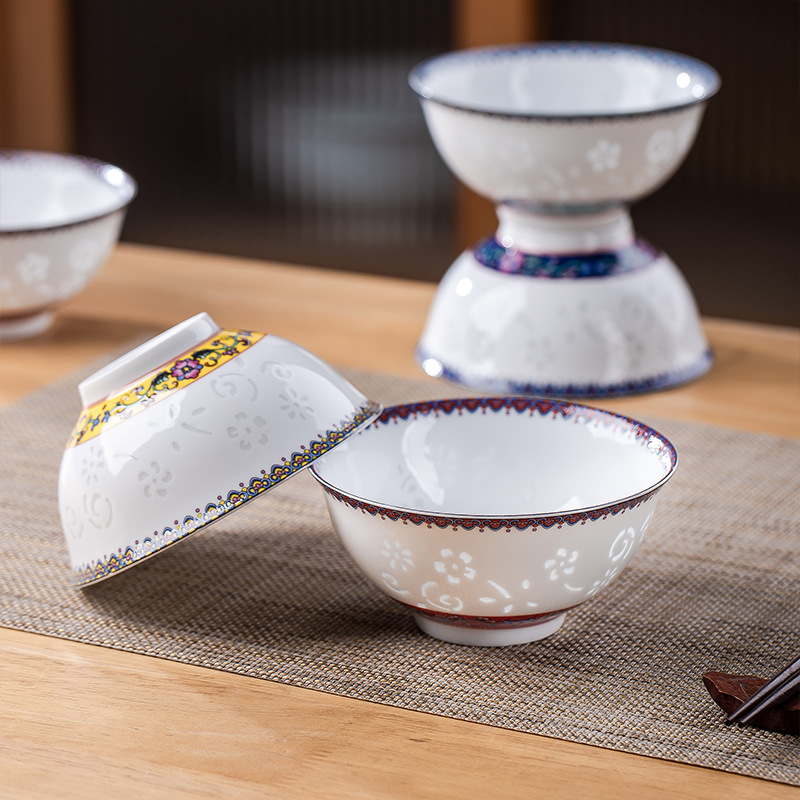 景德镇玲珑瓷餐具珐琅彩高白瓷碗盘碟勺高档家用玲珑瓷散件