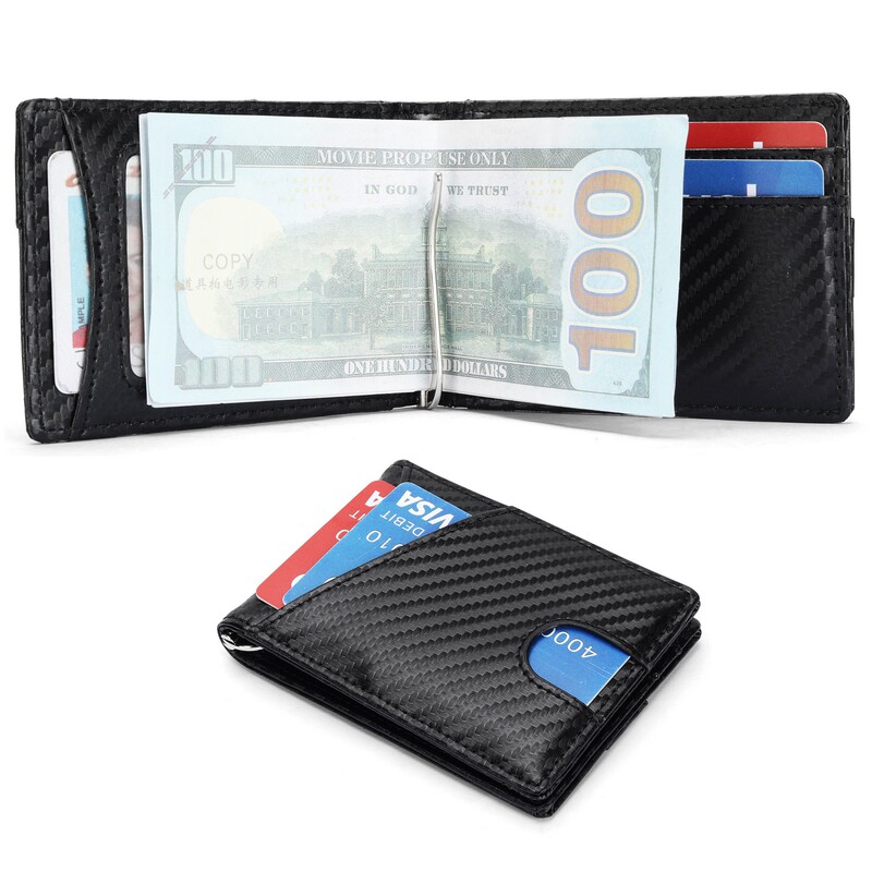 Custom Amazon Carbon Fiber Pattern Card Holder Cross Integrated Solid Color Dollar Bill Clip Ultra-Thin Bi-Fold Business No Money