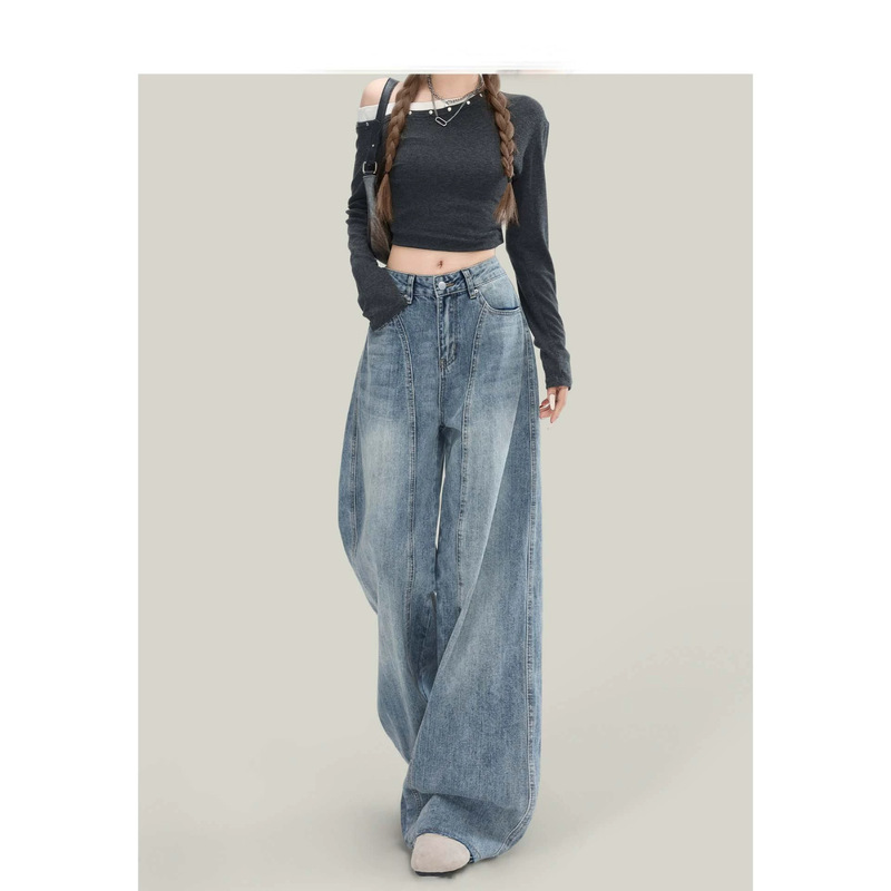 Forever21 American High Street Retro Blue Scythe Jeans for Women 2026 Autumn High-Waisted Loose Wide-Leg Pants