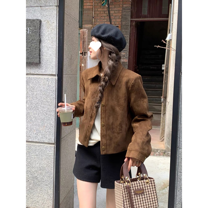 [4419 People Collected] Deerskin Velvet Jacket for Women Spring & Fall New Loose Maillard Retro Casual Motorcycle Short Style