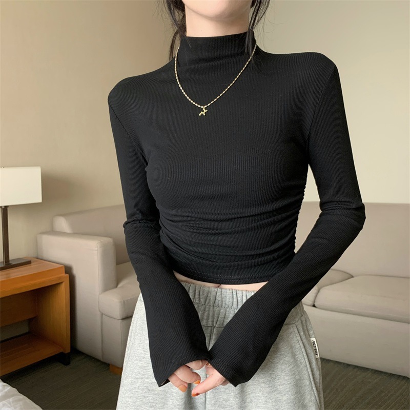 灰色半高领正肩短袖t恤女夏季薄款褶皱收腰设计感辣妹体恤上衣潮|undefined