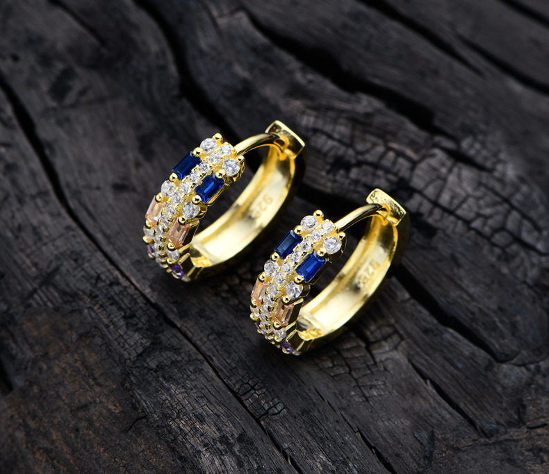 Fashion Color Block Sterling Silver Inlaid Zircon Hoop Earrings 1 Pair