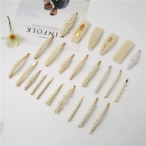 Korean version of Internet celebrity hand-woven pearl bb clip flower hair clip simple hair clip women's bangs clip one-word clip