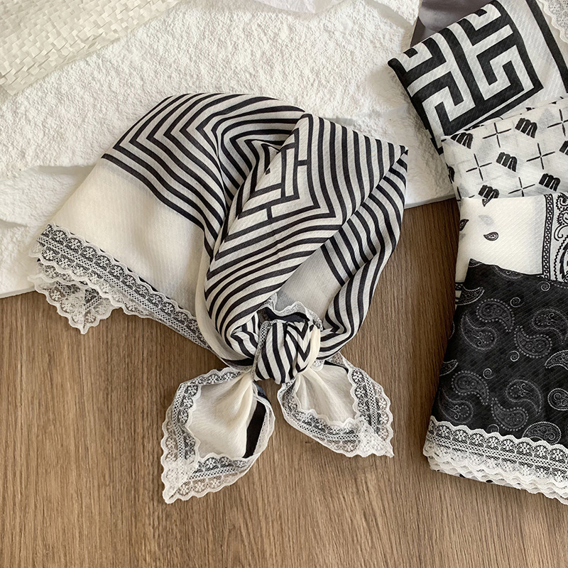 Pañuelo de seda de anacardo a rayas de encaje romántico francés, bufanda triangular, bufanda cuadrada, protección solar de primavera y verano, bufanda pequeña decorativa de Baotou