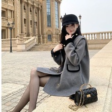 感小香风时尚立领双排扣骑士毛呢大衣撞色拼接显瘦气质衣灰色氨纶