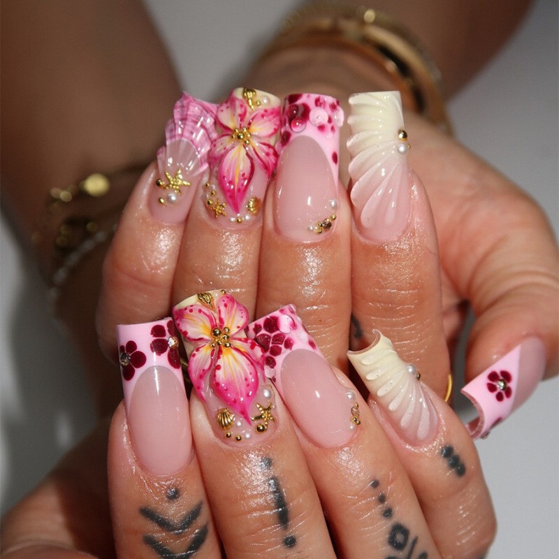 24 Pieces of Cross-Border 3D Flower Premium Long Tube Wearable Nails with 3D Embossed Artificial Rhinestone Nail Tips