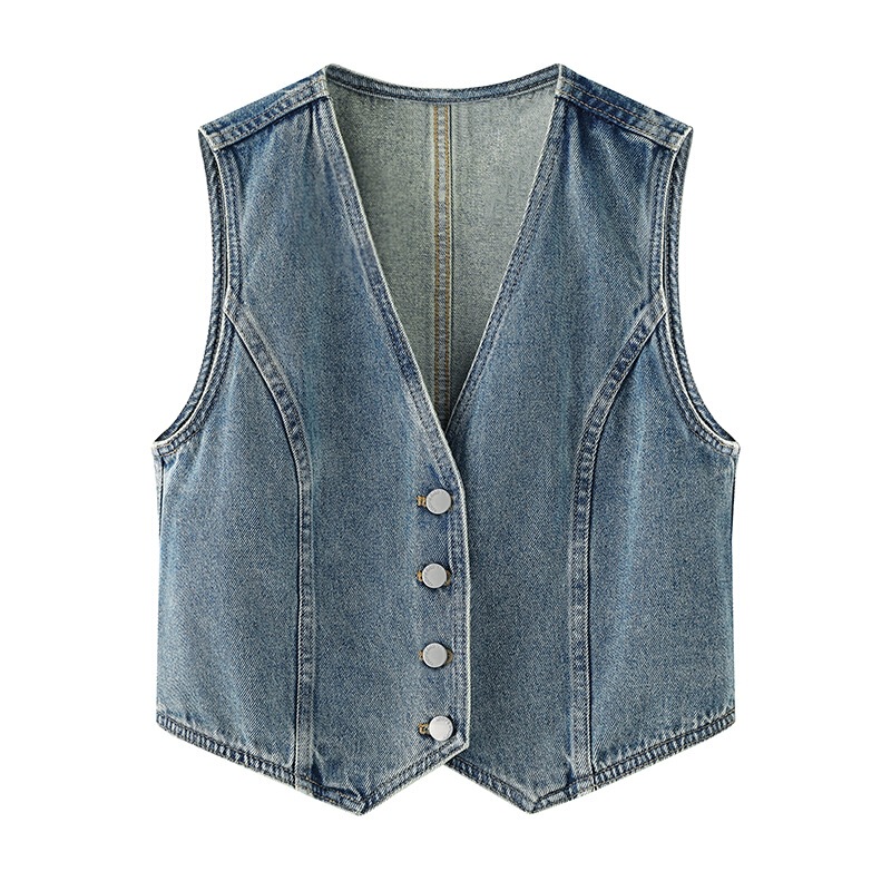 Denim vest 2024 autumn new women's single-breasted V-neck sweet cool temperament casual short coat 90124241901