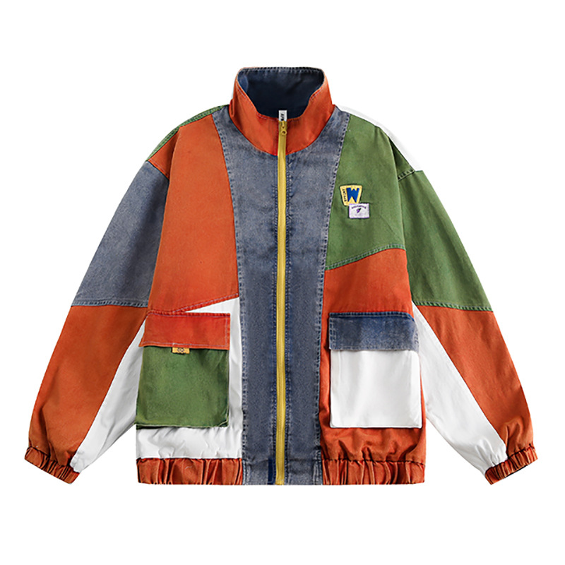 Unregelmäßiges Farbblock-Patchwork-Denim-Arbeitskleidungs-Trenddesign Stehkragen Nischen-Baseballjacke für Herren und Damen_voghion.com
