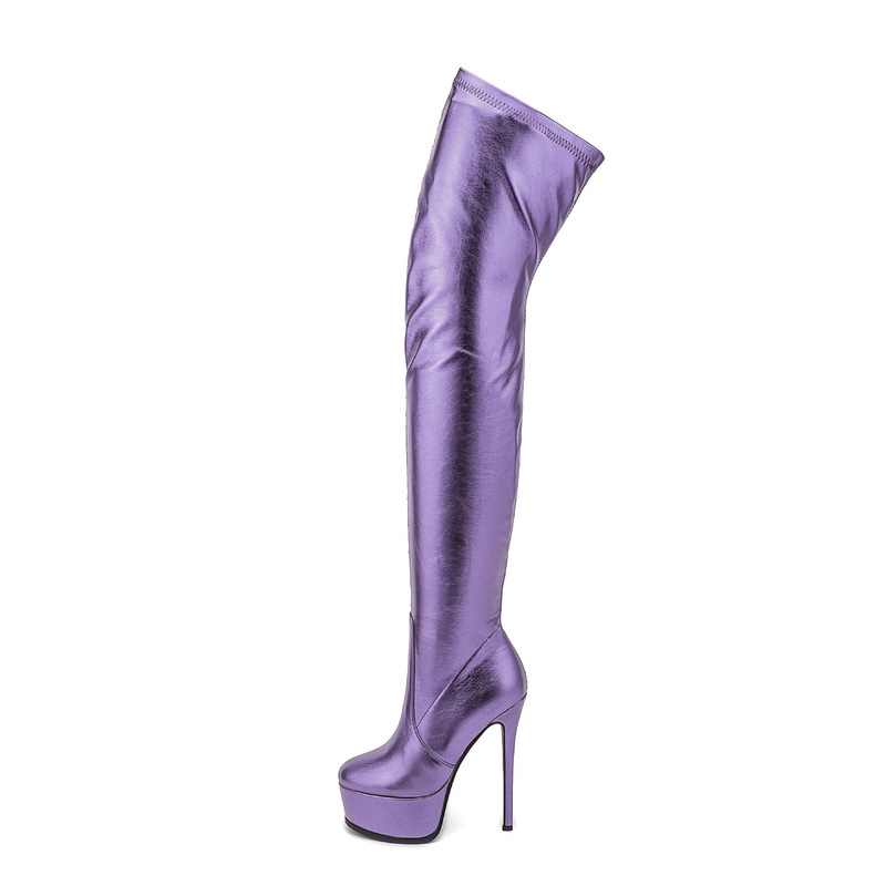 European and American Style Waterproof Platform Round-Toe Stiletto High-Heeled Over-The-Knee Boots, Large Size, Stretchy, Suitable for Runway Shows, Pole Dancing, and Nightclubs