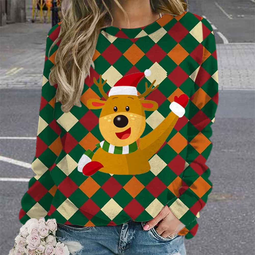 23 new European and American cross-border foreign trade Amazon plus size Christmas elk digital printing women's long sleeve round neck sweater