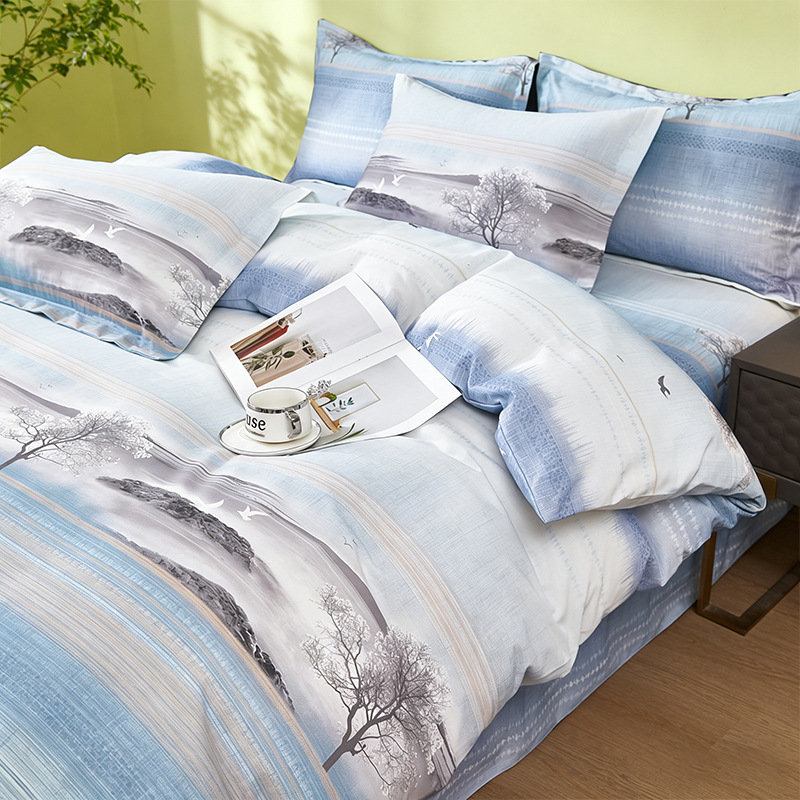 Cama de cuatro piezas, 100 cubierta de edredón de algodón, ropa de cama de dormitorio de estudiantes, tres piezas