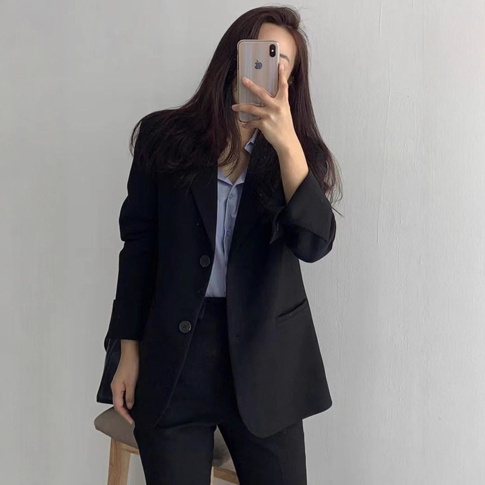 Áo vest nữ dáng rộng cổ vest tay dài phong cách thanh lịch — Tính khí đen