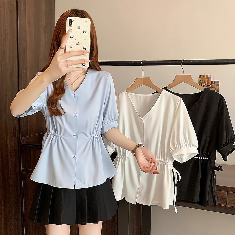 Plus-Size Women's Clothing, Tummy-Concealing Slimming Short-Sleeve Shirt, New Summer Design for Curvy Women, Waist-Cinching, Fashionable and Versatile Top Plus-Size Women's Clothing, Tummy-Concealing Slimming Short-Sleeve Shirt, New Summer Design for Curvy Women, Waist-Cinching, Fashionable and Versatile Top