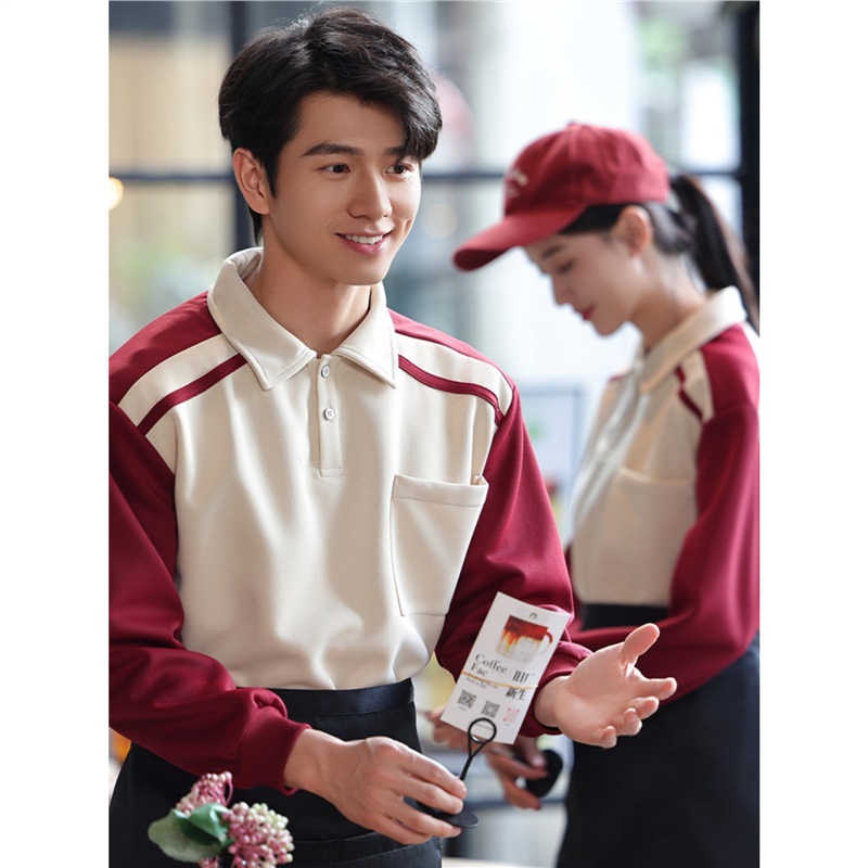 餐饮工作服秋冬款长袖女翻领卫衣火锅烤肉快餐店服务员工装男