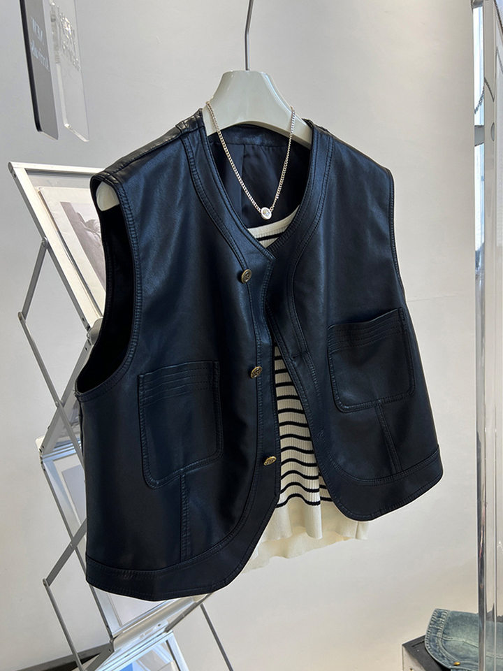 Áo vest nữ da PU phong cách retro Pháp, dáng không tay, một hàng khuy, dài 50–65 cm — Màu nâu, màu đen