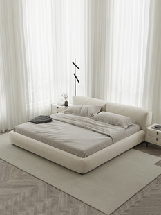 ✅ Modern Minimalist Wabi-Sabi Style Beech Wood Bed with Tofu Block Fabric, Cream-Style White Cat Scratch-Resistant Tech Fabric