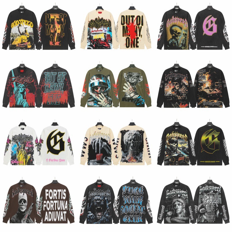 Cross-border wholesale of trendy GOD streetwear vintage skull print washed distressed long-sleeve T-shirts and hooded sweatshirts for men and women